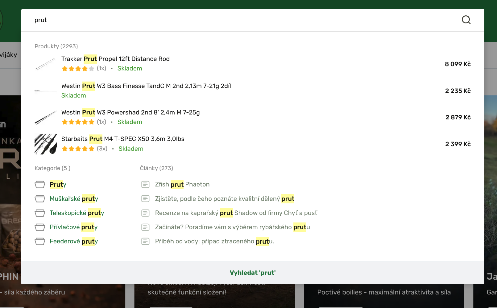 Fishing gear — highlighted phrase in every section, ratings and availability on product rows, and a show-all row that repeats the phrase