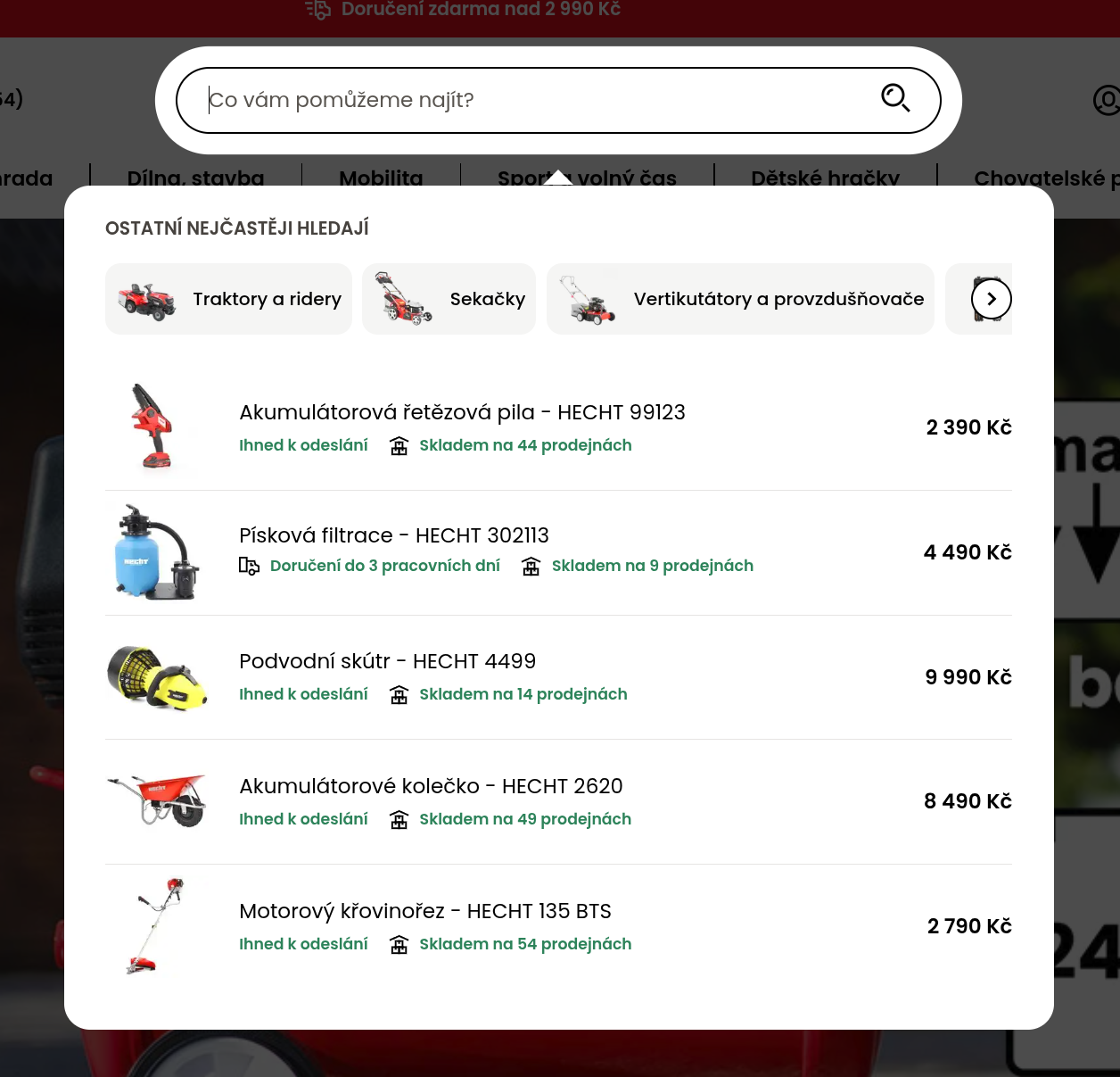 Garden machinery — popular categories in a slider and hand-picked products before the customer types