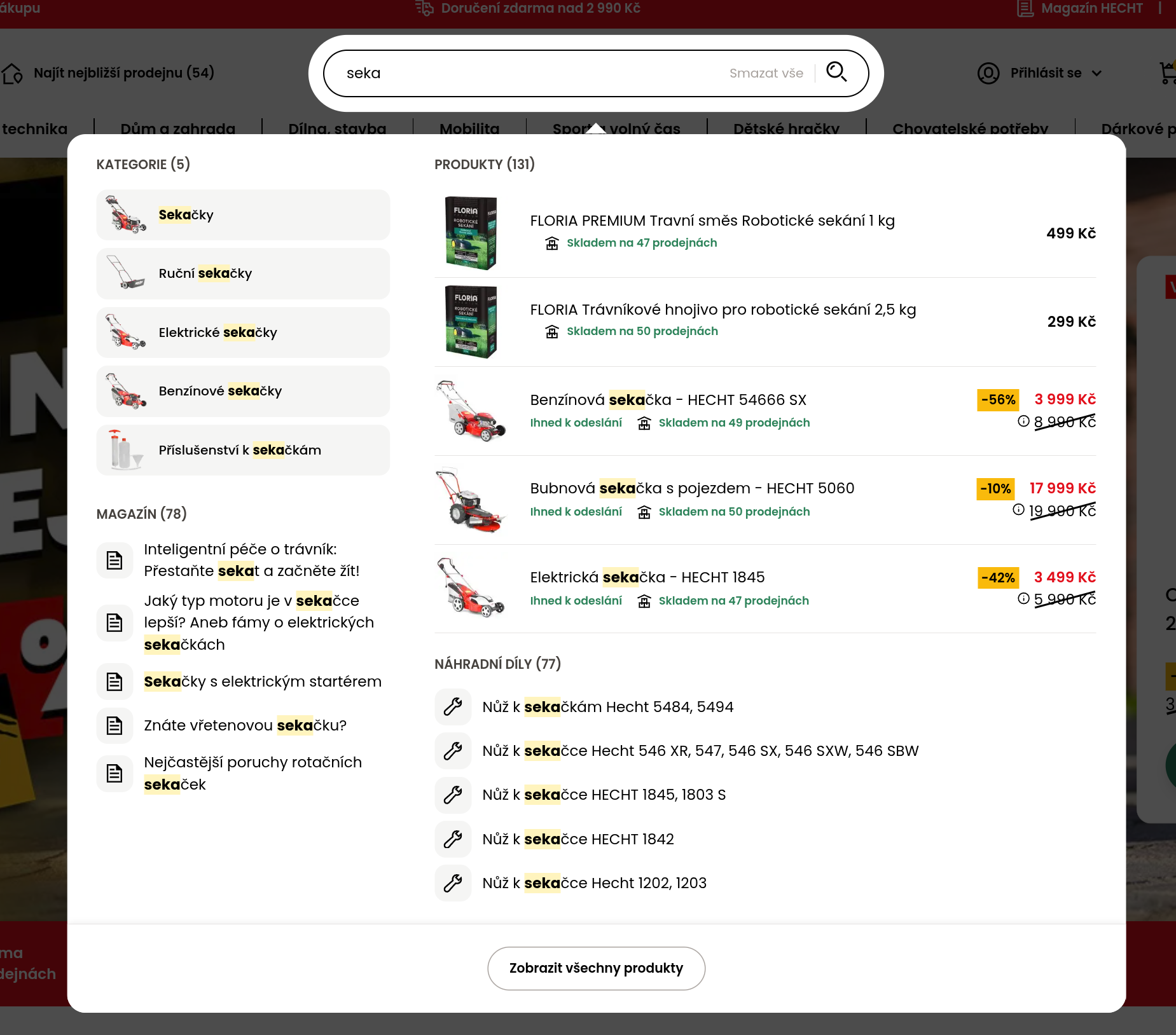 Garden machinery — categories with icons, products with availability and price, magazine articles, and a shop-specific "Náhradní díly" section