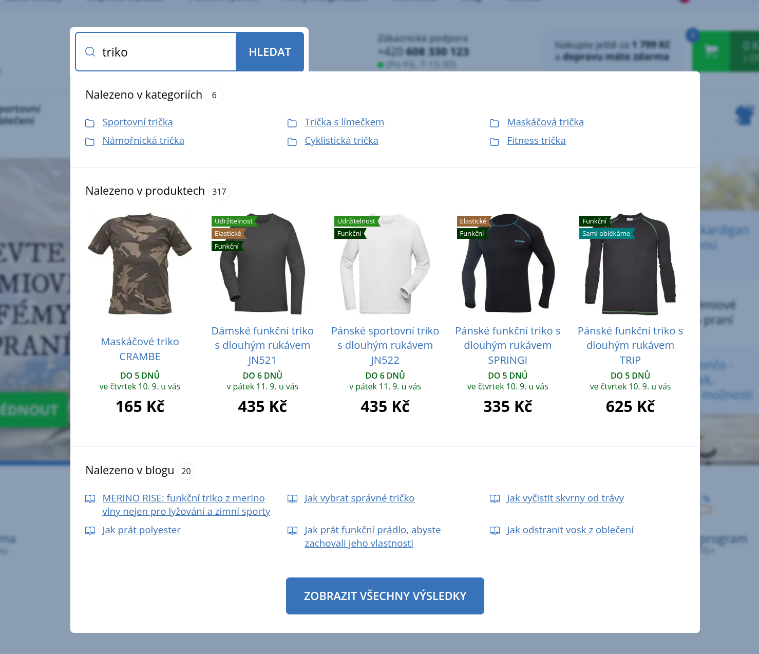 Workwear — product cards with labels and delivery date, categories and blog articles as link grids